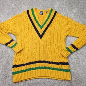 Vintage 90'S GAP Sweater Men Large Yellow Cable Knit V-Neck 100% Cotton Pullover